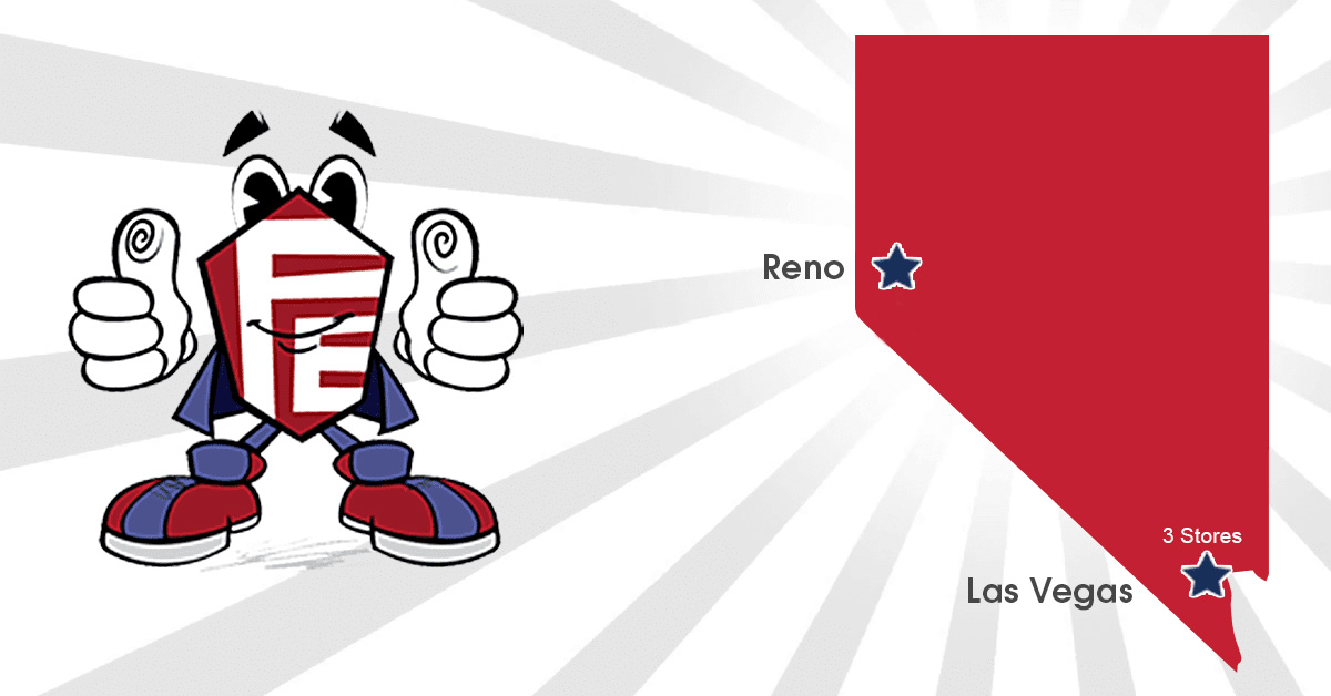 Logo to the left with the state of Nevada to the right highlighting Reno, NV and 3 stores in Las Vegas, NV for fingerprinting